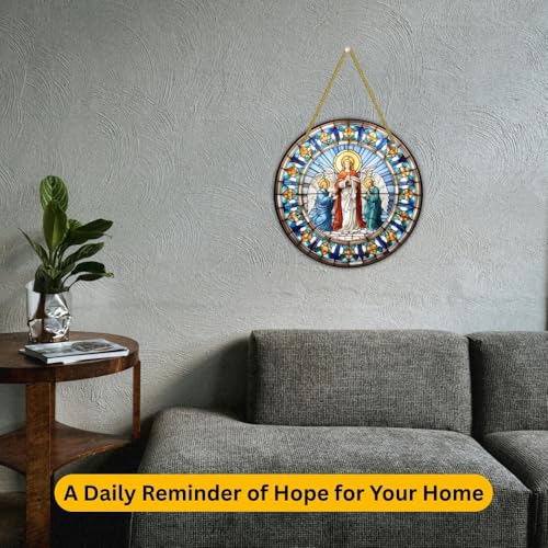 Image of Printality Stained Glass Style Christian Wall Hanging | Round MDF Plaque with Glossy Finish & Golden Zardosi String | Religious Wall Art | Jesus, Mary & Angels Design | Faith Home Decor (Design 3)