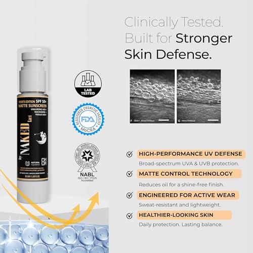 Image of By Naked Fact Sunscreen for Men & Women | Sun Screen spf 50 for Men | Sports-Focused Matte Protects From Polution With Ferulic Acid, Niacinamide & Hyaluronic Acid, For Bright Skin | 50 gms | UNISEX
