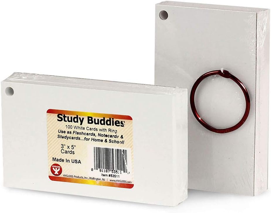 Hygloss Products Study Buddies Cards - Flashcards - Rectangle Shape - 3 x 5 Inches -White Cardstock - Ideal for Students, Classroom - Build Skills - Colored Bookring - 100 Qty