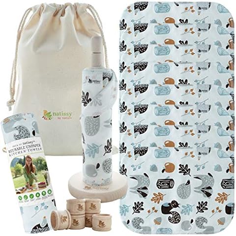 Reusable Kitchen Roll Washable, 10-Pack Organic Cotton Eco Kitchen Towel Roll on a Holder; Reusable Paper Towels Washable MADE IN EU; Paperless Paper Towels, Multipurpose Washable Cloth Paper Towels Cover
