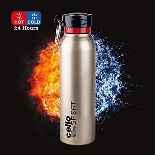 Image of CELLO Beatle Insulated Stainless Steel Flask 1000 ml, Gold | Double Wall Insulated 24 Hours Hot & Cold Leakproof Easy One Hand Grip Thermosteel Flask Water Bottle for Office Gym Travel & Daily Use