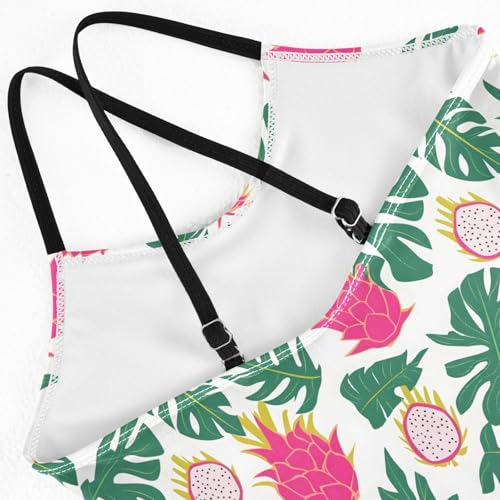senya Girls Swimsuits One-Piece Swimwear Tie Bathing Suit Beach Summer Round Neck 7-8T Dragon Fruit Tropical Leaves Pattern4