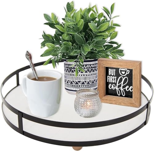 Image of Medium Rustic Round Wooden Serving Tray with Handles for Kitchen, Dining, Coffee Table & Home Handcrafted Tea Snacks Breakfast Tray /White12x12x2inch