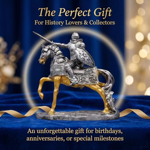 YANTIANCAI Medieval Knight Statue with Sword & Shield - Antique Silver & Gold Armored Crusader Figurine - Resin Warrior Sculpture for Bookshelf, Office Desk & History Buff Gifts (11 Inches Tall) - image 5