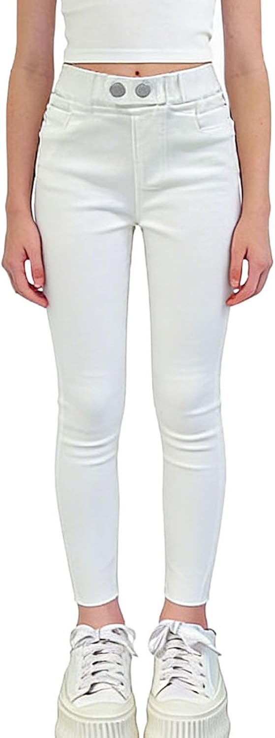 High Waist Stretch Leggings for Girls Slim Fit Pants Button Front Trousers Yoga Dance School Casual Soft Pull On