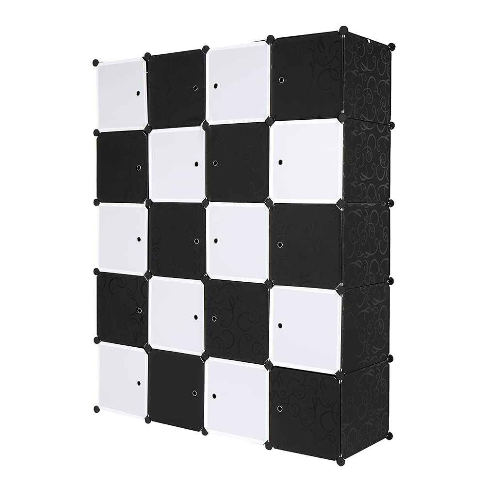 Armoire Penderie Modulable, 20 Cubes, Armoire Chambre, Étagère de Rangement avec Portes, pour Le Stockage de vêtements, Jouets, etc.. (Porte Noire et Blanche, 140 x 45 x 175 cm)
