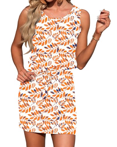 Image of AUSELILY Womens Summer Dress Casual Sleeveless Drawstring Short Dresses | Adjustable drawstring waist for a custom fit, plus 2 side pockets-perfect beach-to-street sundress