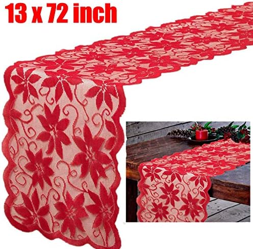 iGeeKid Valentines Table Runner Decorations 13x72" Lace Table Cloth for Valentines Dinner Table Decor, Wedding Party, Bridal Shower, Bachelorette Party, Mothers Day Red Flower Table Runner