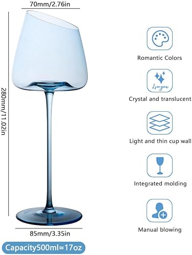 Miniatura 2 de Juego de 2 copas de vino tinto inclinadas, copas de vino blanco de tallo largo sin plomo, copas de vino de cristal modernas con base cóncava única,