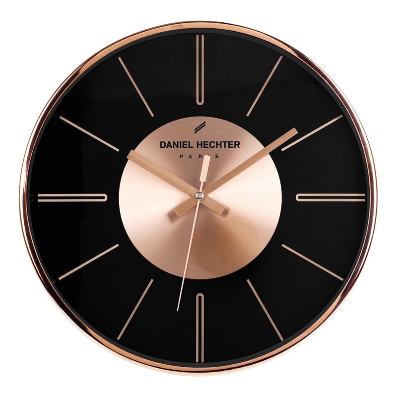 Image of Daniel Hechter Paris Seine Collection Wall Clock, Silent Sweep Non-Ticking,12 inch(30cm) HD Glass Black Dial, Rose Gold Aluminum Face & Metal Frame, Modern Decorative Clock for Home & Office