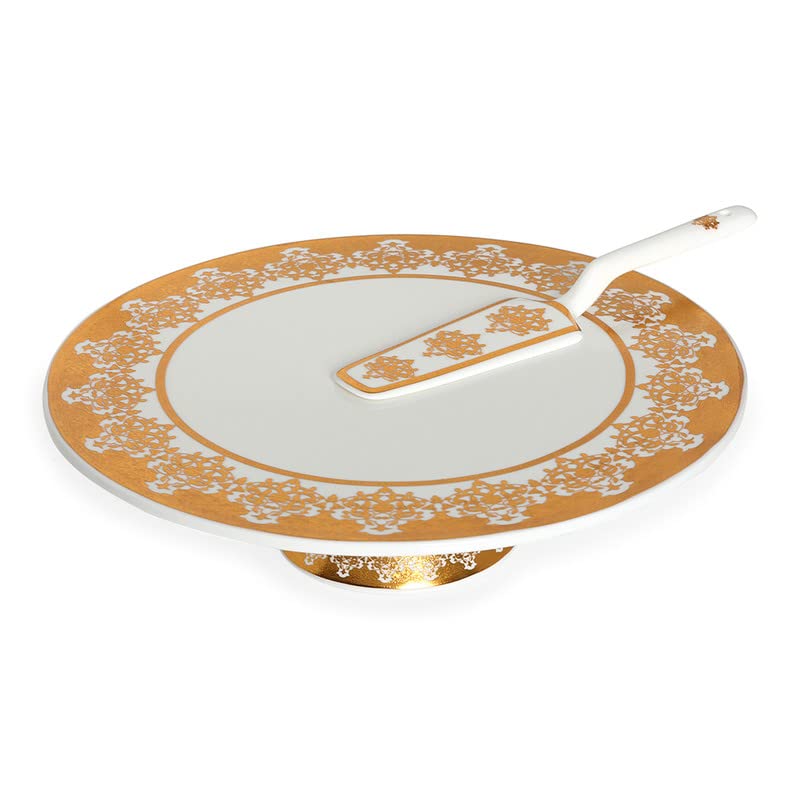 Homes r us Nadia Cake Stand & Knife, Gold & White