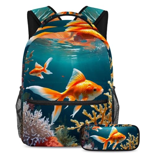 Cartable poisson rouge pour enfants - Sac à dos multicolore de 40cm avec trousse assortie