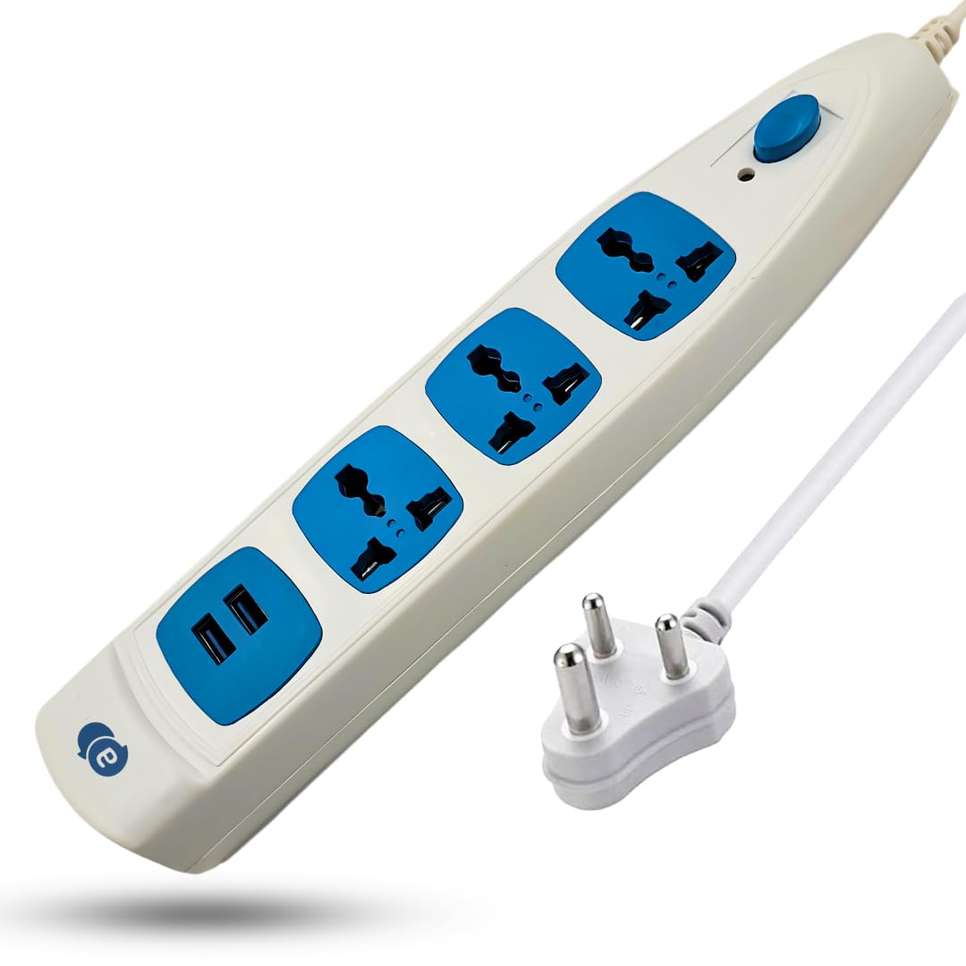 APPSTER Extension Board 3 Universal Sockets, 2 USB Fast Port + 1 Switch with LED Indicator 6A Socket 230 Volts Power Strip...