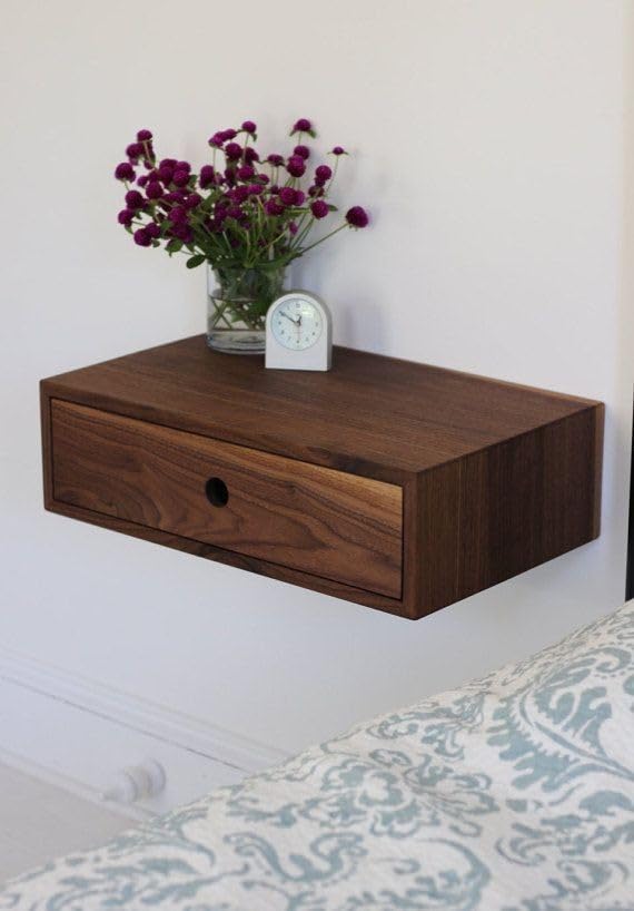 Floating Wall-Mounted Nightstand with Drawer, Walnut Wood, Modern Bedside Shelf-image-6