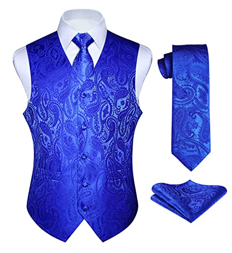 Image of HISDERN Vest and Tie Sets for Men Vests Paisley Floral Jacquard Necktie Pocket Square 3PCS Waistcoat for Suit or Tuxedo