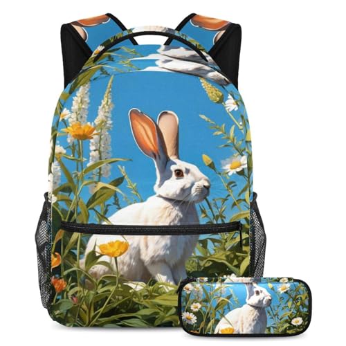 Sac à dos lapin et fleur multicolore, ensemble de 2 pièces pour école et voyage