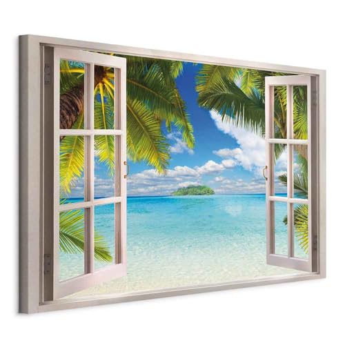 murando – Cuadro en lienzo Vista de la Ventana 120x80 cm 1 pieza Impresión en Material Tejido no Tejido Impresión Artística Imagen Decoracion de Pared Isla Mar Lago Azul Tropical c-C-0090-b-a