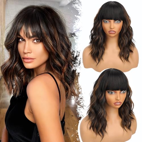 Image of Nnzes Black Mixed Brown Wig with Bangs Short Bob Wavy Wigs Synthetic Curly Wig for Women Natural Looking Heat Resistant Fiber Hair for Daily Party Use