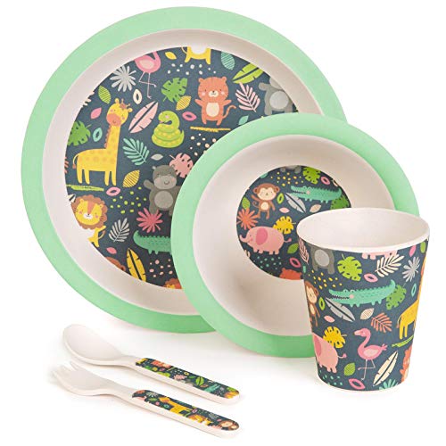 boppi 5-Piece Bamboo Eco Friendly Children’s Dinnerware and Cutlery Set for kids Toddlers with Dishwasher Safe and BPA Free Round Plate Fruit Cereal Bowl Juice Cup Beaker Fork and Spoon - Jungle 2