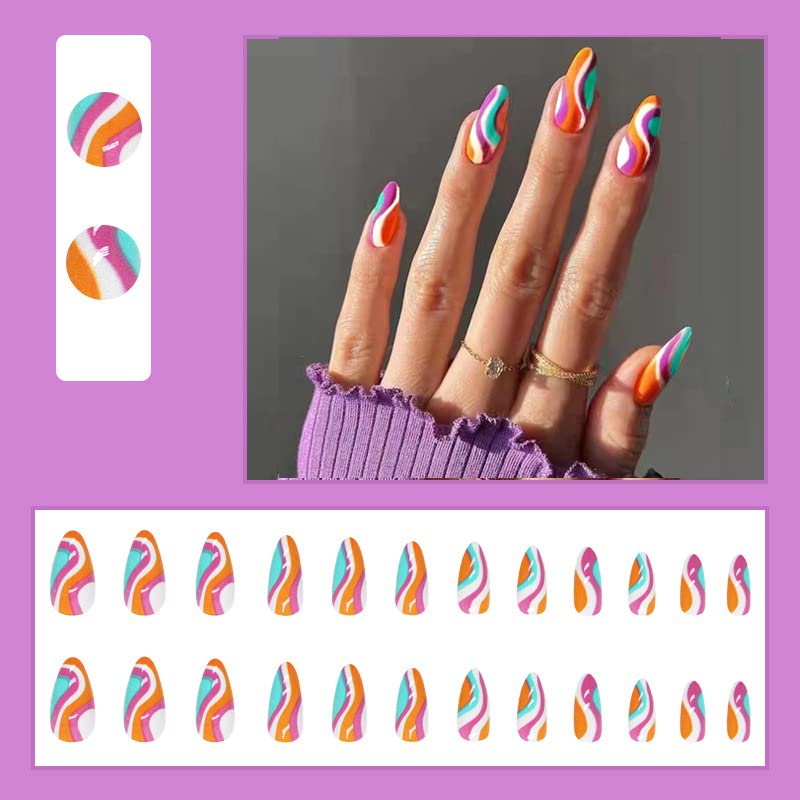 Image of Secret Lives Acrylic Press on Nails Reusable Artifical Designer Fake Nails Extension Glossy White Aqua Pink Orange Combo 24 PCS Set with Kit