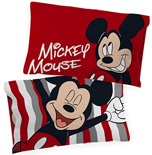 Jay Franco Disney Mickey Mouse Stripe 2 Pack Pillowcase - Double-Sided Kids Super Soft Bedding (Official Disney Product)
