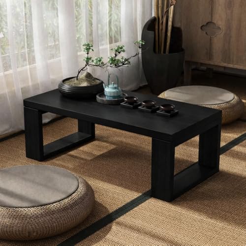 Image of Foldable Japanese Floor Tea Table Minimalist Low Height Wooden Coffee Table Zen Style Solid Wood Living Room Bedroom Hall Garden Table (Black, 70 x 40 x 30)