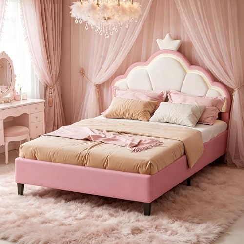DAHUEN   Cama infantil acolchada 90 x 200 cm, cama individual para niña con iluminación LED y somier de láminas, cabecero ajustable en forma de corona, terciopelo, rosa, sin colchón (rosa, 90 x 200 cm