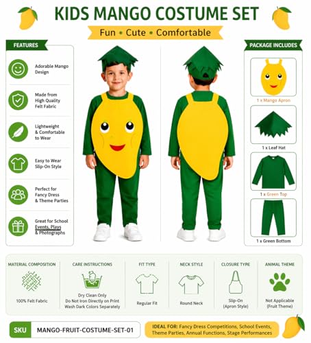 Image of Raj Costume Kids Mango Fruit Costume Apron with Cap for Boys & Girls | Cute Yellow Cutout Fancy Dress | Soft Felt Fabric | Role Play Outfit