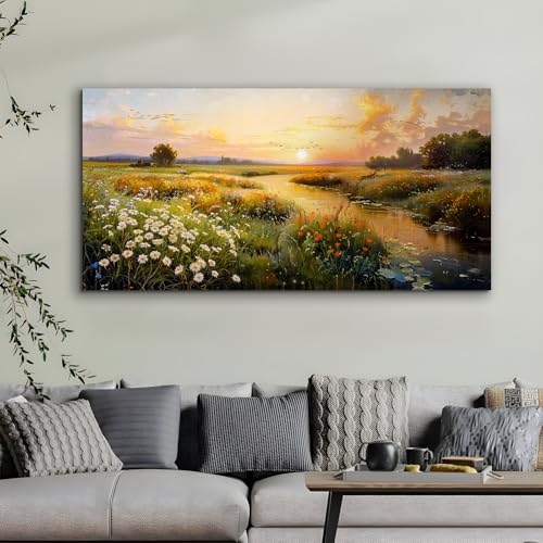 SERIMINO Large Wall Art for Living Room, Sunset Landscape Wall Decor, Meadow Wildflowers Canvas Prints Paintings, Marshland Scenery Pictures Home Decor for Bedroom Dining Room Kitchen 30"X60"