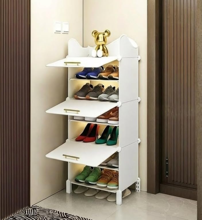 Image of LUVHOMEE Plastic Shoe Rack for Home with Door, 3-Door Shoe Storage Cabinet | 6-Shelfs for 12 Pairs | Waterproof & Portable DIY Shoe Slipper & Chappal Stand for Entryway /Bedroom (White-HR2)