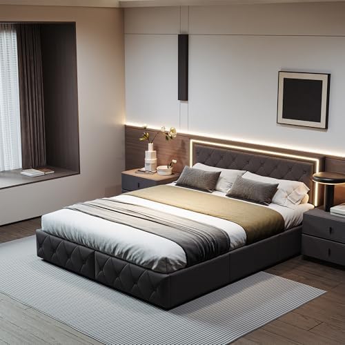 lit Coffre 160x200 avec Sommier, Lit Double avec 4 Tiroirs de Rangement et LED, Tete de Lit et éclairage LED, sommier 160x200, Lin (Gris, 160x200cm)