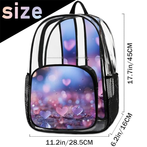 Clear Backpack Crystal Hearts Clear Bag Heavy Duty PVC Backpack Sturdy Transparent Backpack for Travel, Work, Security, Heart Clear Bags for Women Men,17.7inch2