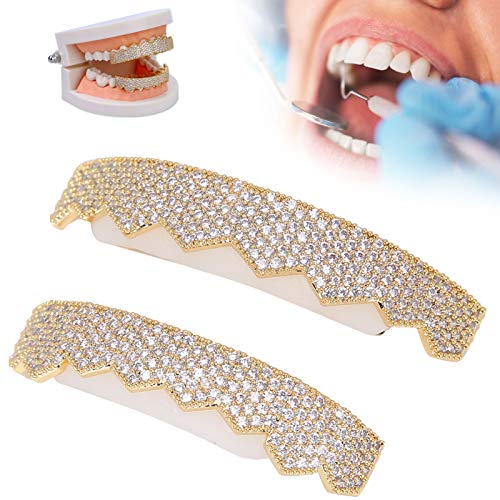 Dentes de metal dourado, conjunto de suporte estilo hip hop joias de dentes banhadas a ouro elegante