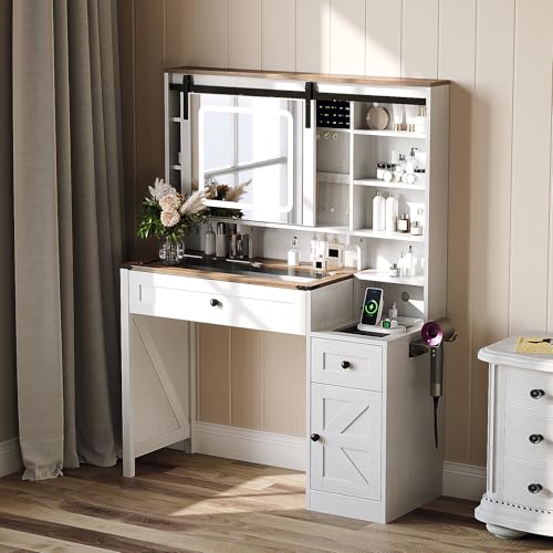 VINGLI Farmhouse Vanity Desk with Sliding HD Mirror and Lights, Glass Top Makeup Vanity Table w/ 2 Storage Drawers and Cabinet, Built-in Hidden Jewelry Storage & Charging Station