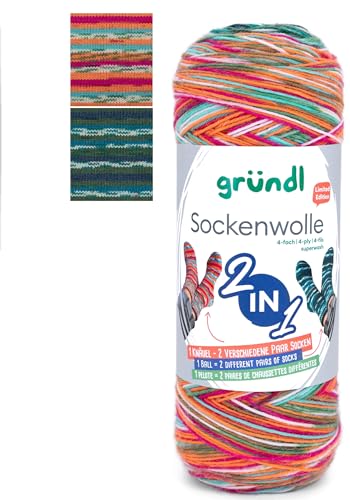 Gründl 2-in-1 Sockenwolle, 75% Schurwolle 25% Polyamid, 200g/840m, für 2 Paar Socken, Nadelstärke 2-3mm (02)
