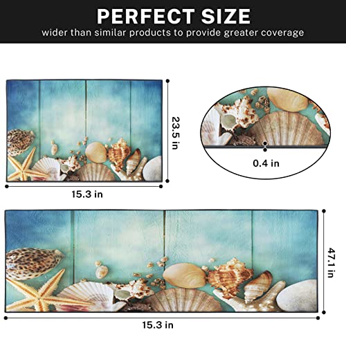 Artsocket Kitchen Rugs And Mats Non Skid Washable Set Of 2, Summer Star Sea Kitchen Runner Rug, Shells Wooden Blue Beach Vintage Kitchen Floor Mat Under Sink Mat Throw Rug For Doormat Waterproof #TOP1