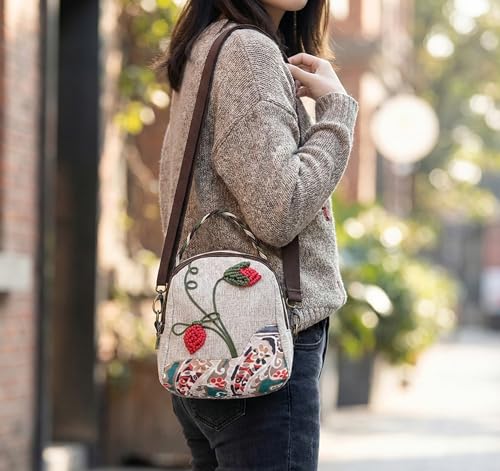 Image of S&A Bohemian Flower Women's 4 way Convertible Bag - Handcrafted Embroidery Flower Multi-Way Mini Backpack, Shoulder Sling & Handbag with Large Capacity Multiple Holdings - Ideal for Travel & Gifting