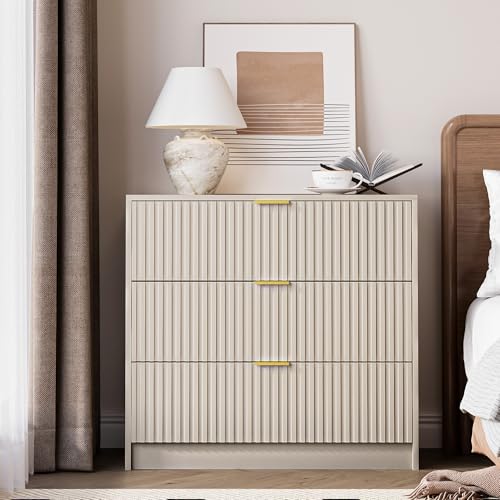 Image of MAISONARIA Fluted Dresser for Bedroom, 32 Inch Wide Nightstand with Large Drawer, 3 Drawer End Table for Bedroom, Living Rooms, Offices, and Entryways, Beige