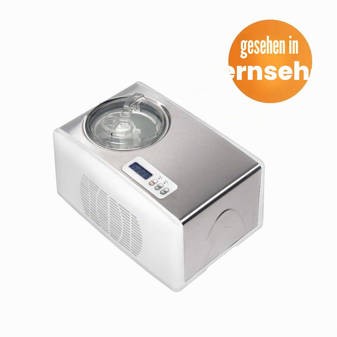 Melchioni Family | Eismaschine mit Kompressor FROSTY, Automatisch, Eiscreme in 60 Minuten, 150W, 1,5 L Fassungsvermögen, Eiscreme, Joghurt und Sorbets, Digitaler Timer, Herausnehmbarer Korb, Weiß