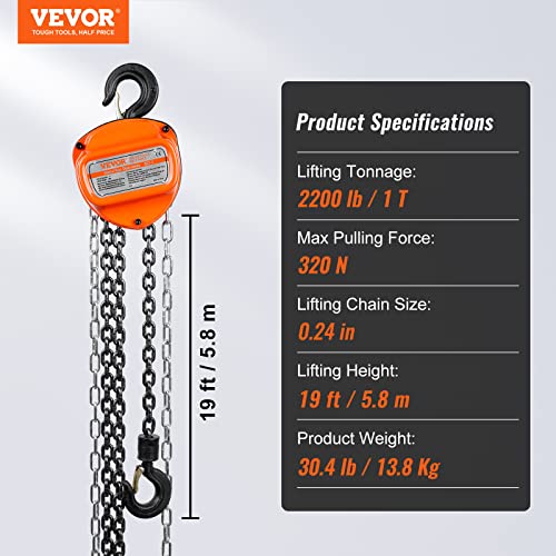 VEVOR Hand Chain Hoist, 1 Ton 2200 lbs Capacity 20 FT Come Along, G80 Galvanized Carbon Steel with Double-Pawl Brake, Auto Chain Leading & 360° Rotation Hook, for Garage Factory Dock by VEVOR - Image 7