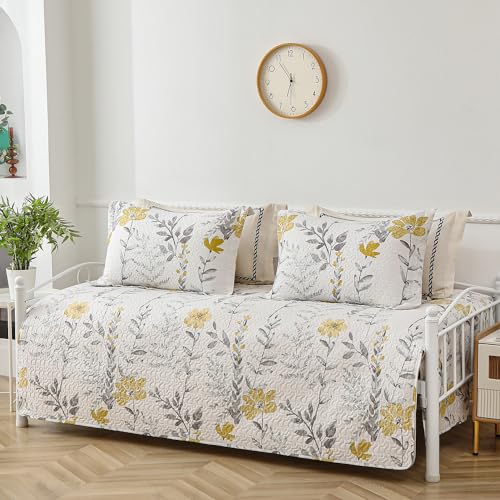 Image of Jarson 3 Pcs Floral Daybed Cover Set Twin Size Yellow Gray White Flower Sofa Cover Bedding Sets Double Side Bed Set for All Season Botanical Pattern Daybed Quilt Set with Pillow Shams