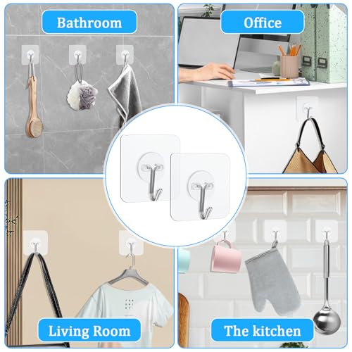 Image of MAQUITA 200 Pack Adhesive Wall Hooks 24lb(Max) Self Adhesive Hooks Heavy Duty,Transparent Reusable Wall for Hanging for Kitchens, Bathroom, Office