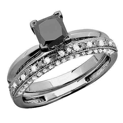 Dazzlingrock Collection 1.50 Carat Princess Black & Round White Diamond Wedding Ring Set for Women in Black Plated 10K Solid White Gold Size 6