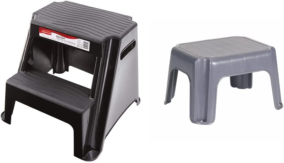 Rubbermaid RM-P2 2-Step Molded Plastic Stool, Black & One-Step Stool, Bisque, Holds up to 200 Pounds, Ideal for Home, Office, Garage, Durable Step Stool, FG275300CYLND, 7.1 inches Height, Gray : Everything Else