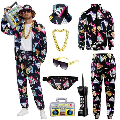QPAXUCR 80s 90s Outfit for Men, Track Suit with Hip Hop Costume Accessories Set for Halloween 80s Themed Parties. (Black, Medium)