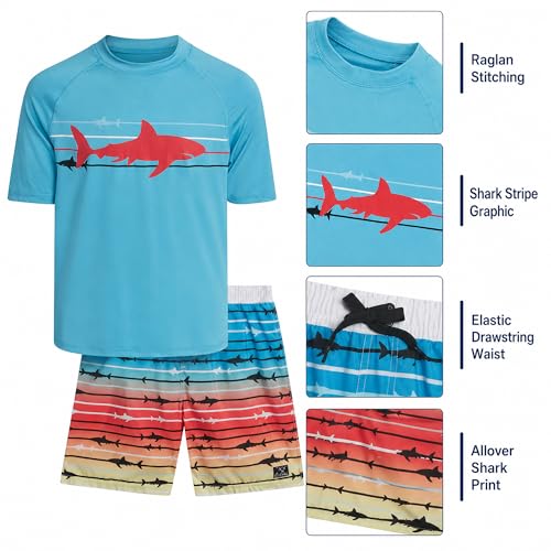 Image of Big Chill Boys Swim Set - 2 Piece Quick Dry UPF 50 Short Sleeve Rash Guard for Boys and Swim Trunks - Swimwear Set for Kids