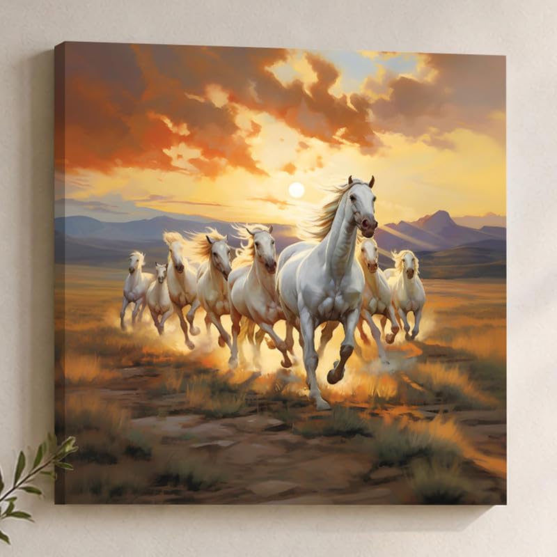 Image of 7 White Running Horses Wall Art Painting For Living Room, Vastu Abstract Landscape Stretched Canvas Wall Art Poster for Living Room, Office & Home Decor (55x55 cm)