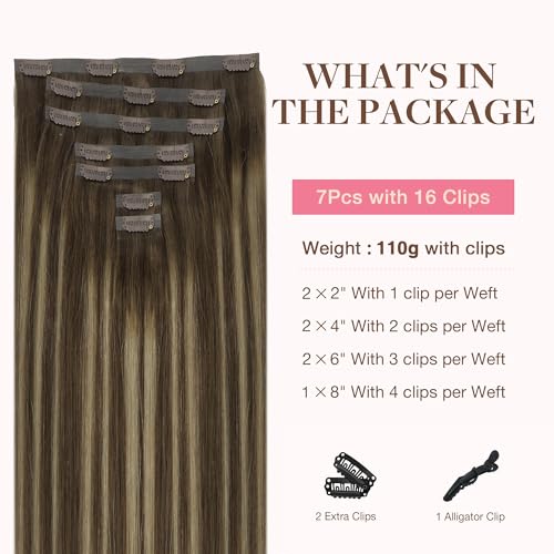 Image of GOO GOO Clip in Hair Extensions Real Human Hair, Remy Human Hair Extensions Clip ins for Women, Natural Human Hair, 22inch 110g 7Pcs, 4 /26 /4 Balayage Chocolate Brown to Honey Blonde