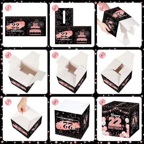Image of Funrous 22nd Birthday Party Message Card Box Cheers to 22 Years Black Rose Gold Advice and Wishes Greeting Card Box for Men Women Birthday Decorations Party Supplies Anniversary Tables Sign Decor