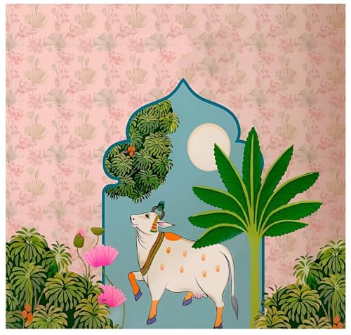 Image of Traditional Backdrop Decoration Cloth |Cow Backdrop Cloth |Traditional Backdrop Cloth |Back Drop Curtain for Decorations (8 8FT) Single Cow Pink (gudi padwa Decoration Backdrop)